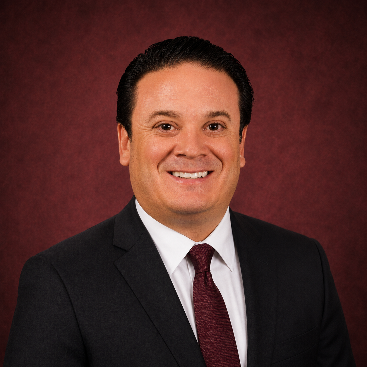 Enrique Lopez Salido, Treasurer of Start Biting, wearing a dark suit and burgundy tie.